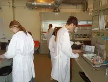 Uczniownie podczas warsztatów chemicznych w laboratorium